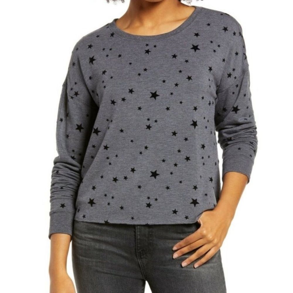 Thread & Supply Aliza Dark Gray Star Print Relaxed Fit Pullover Sweatshirt. XS.
